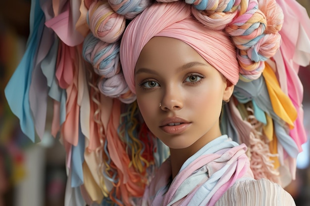 Retrato en primer plano de una hermosa joven con maquillaje perfecto y turbante multicolor en la cabeza