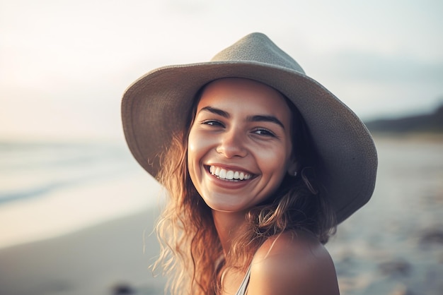 Retrato de primer plano de una hermosa joven riéndose en la playa IA generativa