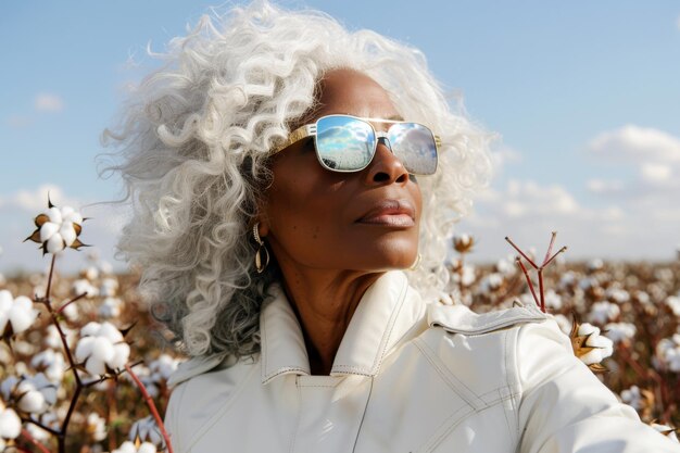 Retrato en primer plano de una hermosa mujer afroamericana con cabello blanco y gafas de sol en un algodón