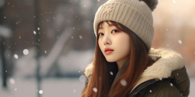 Retrato en primer plano de una hermosa mujer asiática con ropa de invierno