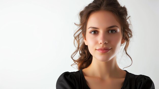 Retrato en primer plano de una hermosa mujer joven con cabello largo y ojos marrones Ella lleva un vestido negro y tiene una suave sonrisa en la cara