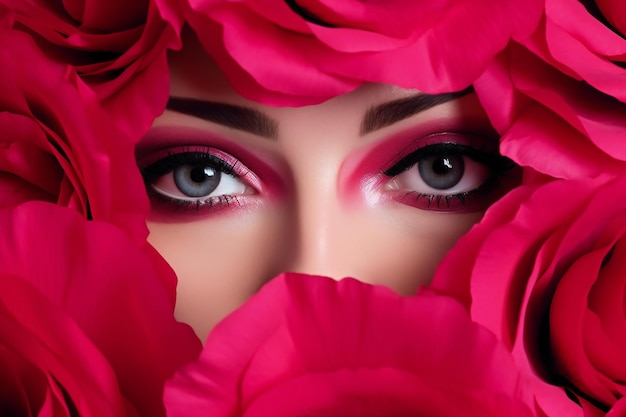 Foto retrato en primer plano de una hermosa mujer joven con maquillaje rosa brillante y flores de peonía rojas