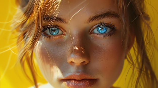 Retrato en primer plano de una hermosa mujer joven con pecas y ojos azules La mujer está mirando a la cámara con una expresión seria
