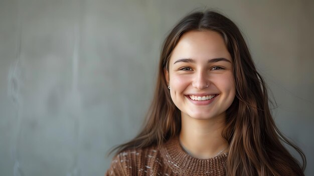 Retrato en primer plano de una hermosa mujer joven con el pelo largo y marrón sonriendo a la cámara Ella lleva un suéter marrón y tiene un anillo en la nariz