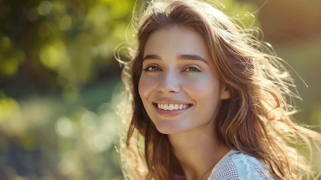 Retrato en primer plano de una hermosa mujer joven con el pelo largo y marrón y una sonrisa radiante