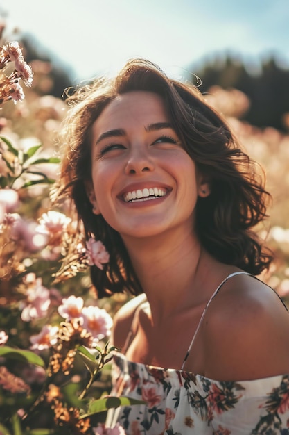 Foto retrato en primer plano de una hermosa mujer joven sonriendo con flores en el fondo