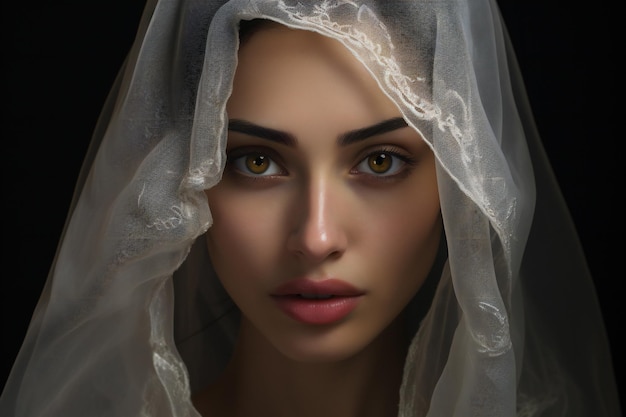 Retrato en primer plano de una hermosa mujer joven con velo blanco sobre un fondo negro