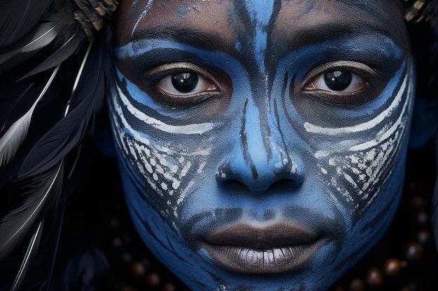 Retrato en primer plano de una hermosa mujer con pintura azul en la cara