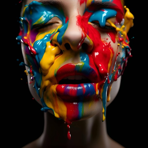 Retrato en primer plano de una hermosa mujer con pintura multicolor en la cara