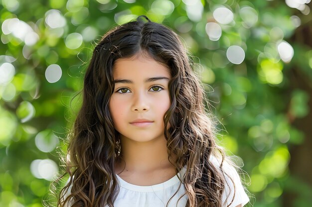 Foto retrato en primer plano de una hermosa niña caucásica mirando a la cámara