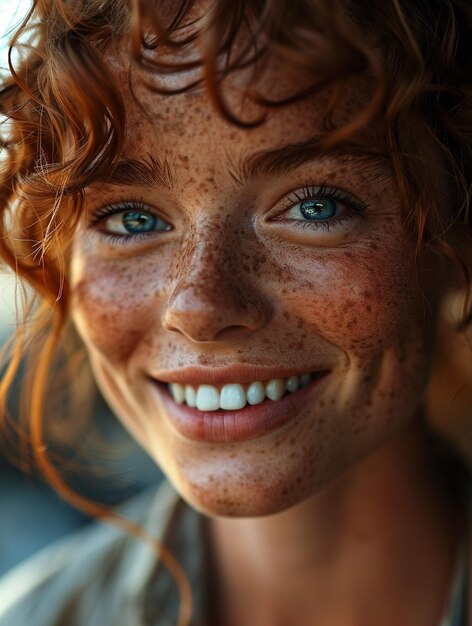 Retrato en primer plano de una hermosa redehad con pecas