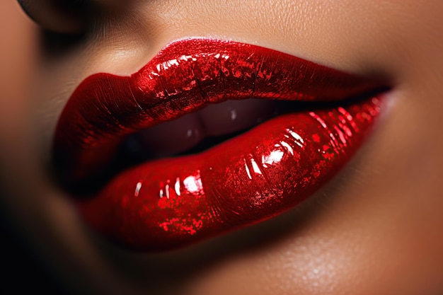 Retrato en primer plano de hermosos labios femeninos con lápiz labial brillante rojo