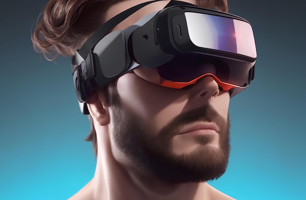 Retrato en primer plano de un hombre barbudo con gafas de realidad virtual