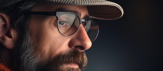 Retrato en primer plano de un hombre barbudo con sombrero y gafas