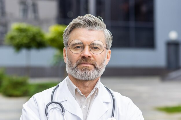 Retrato de primer plano de un hombre maduro con bata médica médico senior pensando y mirando a la cámara cerca