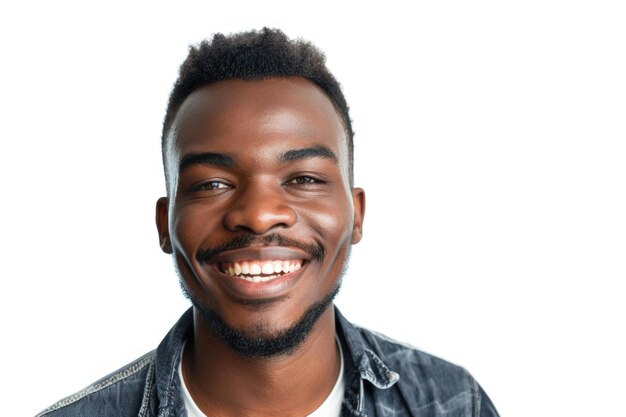 Foto retrato en primer plano de un hombre negro feliz de unos veinte años aislado sobre un fondo blanco