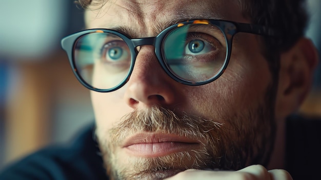 Un retrato en primer plano de un hombre con ojos azules que lleva gafas