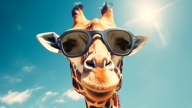 Retrato en primer plano de una jirafa divertida con gafas de sol