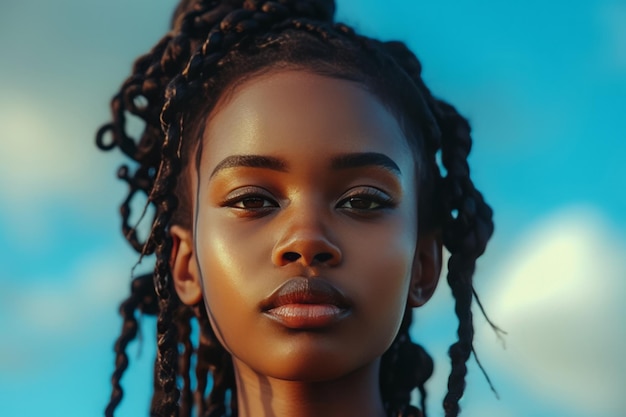 Foto retrato en primer plano de una joven africana con un peinado étnico elegante chica negra encantadora con trenzas africanas delgadas reunidas en un peinato diversidad y estilo informal en la moda callejera