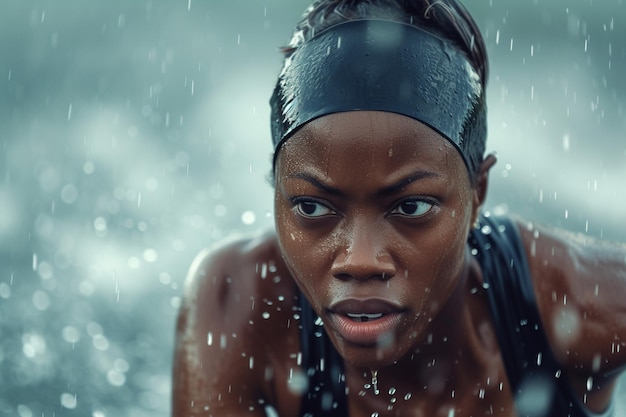 Retrato en primer plano de una joven afroamericana bajo la lluvia con IA generada