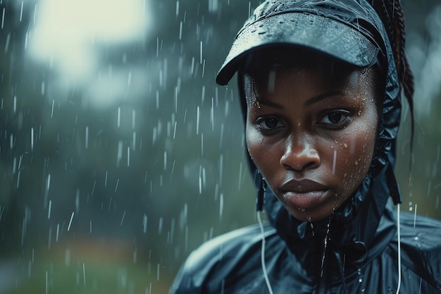 Retrato en primer plano de una joven afroamericana bajo la lluvia con IA generada