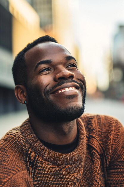 Retrato en primer plano de un joven afroamericano sonriente en la ciudad