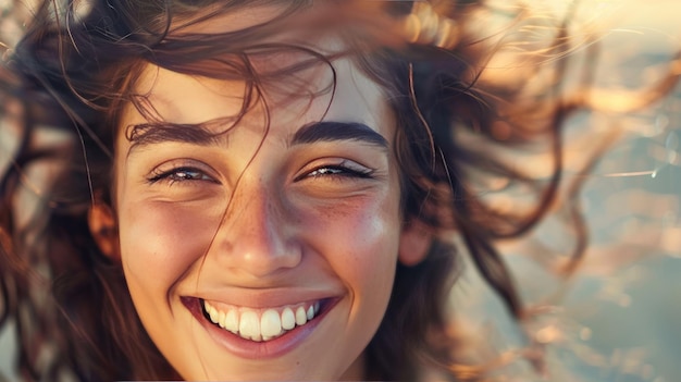 Retrato en primer plano de una joven alegre con el cabello rizado