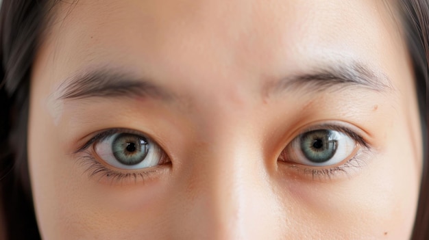 Retrato en primer plano de una joven asiática con ojos verdes llamativos y cabello largo sobre fondo blanco