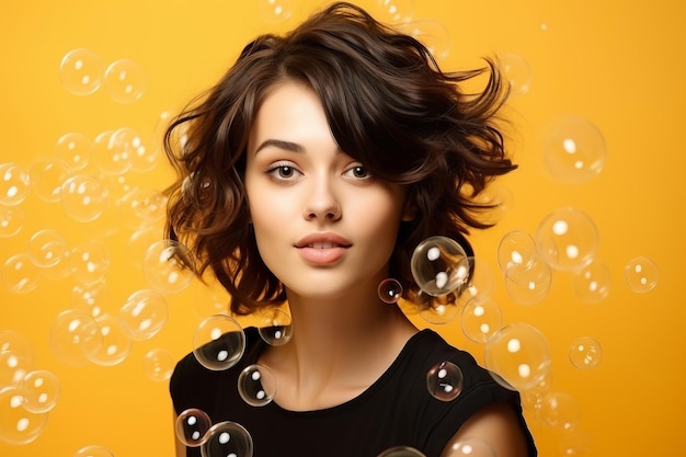 Retrato en primer plano de una joven y atractiva modelo femenina con cabello castaño corto y desordenado con cara sonriente y burbujas soplando posando en el estudio sobre un fondo amarillo