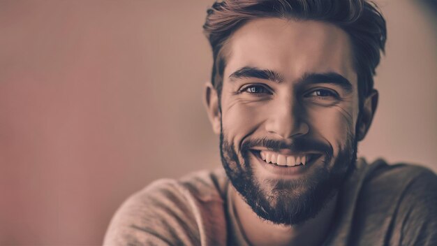 Retrato en primer plano de un joven barbudo sonriente