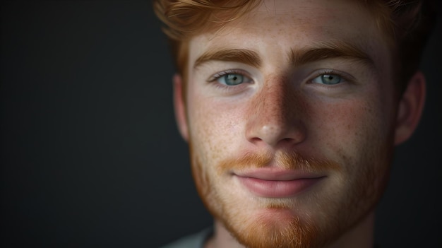 Retrato de primer plano de un joven confiado con cabello rojo y barba que muestra una sonrisa sutil ideal para los conceptos de estilo de vida moderno AI