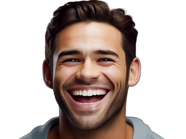 Foto retrato en primer plano de un joven feliz riendo contra el fondo blanco