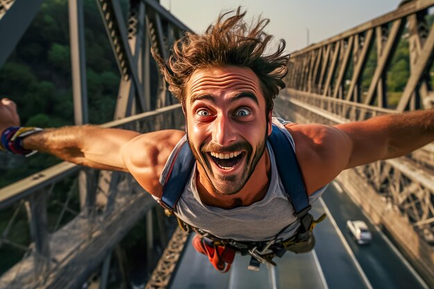 Retrato en primer plano de un joven feliz saltando por el puente