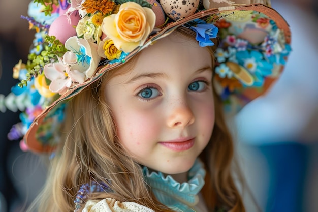 Retrato en primer plano de una joven con grandes ojos azules que lleva un vibrante sombrero floral de alta calidad