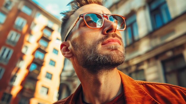 Retrato en primer plano de un joven guapo que lleva gafas de sol y una chaqueta marrón mirando lejos de la cámara con una expresión pensativa en su cara