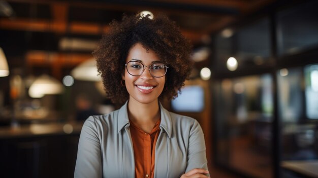 Retrato en primer plano de una joven mujer de negocios sonriente en traje de pie contra el fondo de la oficinaCreado con tecnología de IA generativa