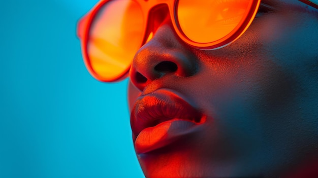 Retrato en primer plano de una joven negra con gafas de sol de moda con el reflejo del sol poniéndose contra el cielo azul de la tarde Retrato de moda Copiar espacio para el texto