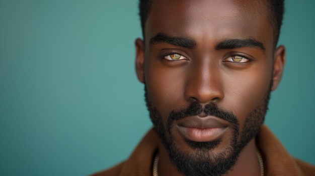 Retrato en primer plano de un joven con ojos llamativos contra un fondo azul