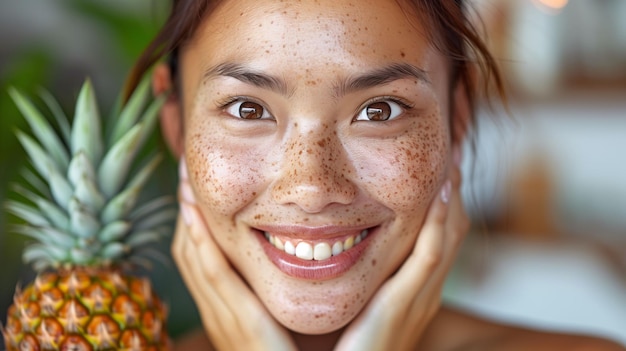 Retrato en primer plano de una joven sonriente con pecas sosteniendo una piña que muestra la belleza natural