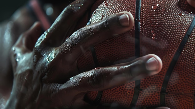 Retrato en primer plano de un jugador de baloncesto afroamericano sosteniendo una pelota delante de él