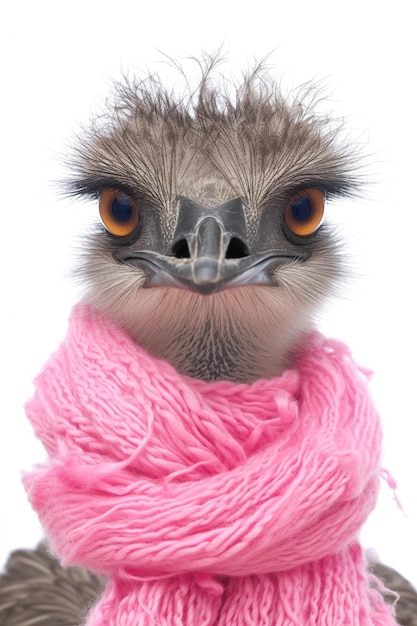 Retrato en primer plano de un lindo emu con una bufanda rosada en blanco