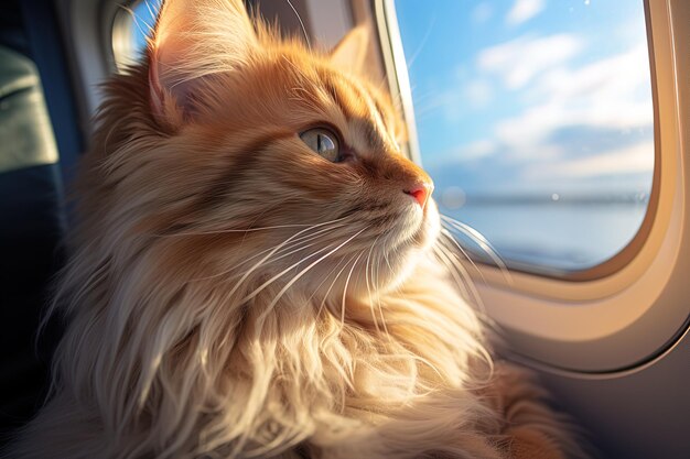 retrato de primer plano de un lindo y esponjoso gato pelirrojo mirando por la ventana del avión