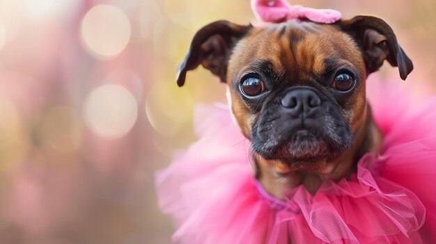 Un retrato en primer plano de un lindo y gracioso perro pug con un tutu rosa y un lazo rosa en la cabeza con un fondo borroso