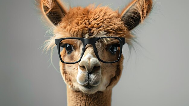 Un retrato en primer plano de una llama con gafas de borde de cuerno La llama está mirando a la cámara con una expresión curiosa Tiene pelaje marrón