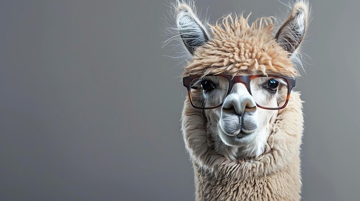 Foto un retrato en primer plano de una llama con gafas de borde de cuerno la llama está mirando a la cámara con una expresión curiosa