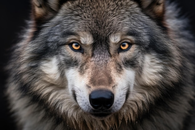 Retrato de primer plano de un lobo en el bosque Retrato animal Un lobo gris capturado en un retrato de primer plano mirando intensamente Generado por IA