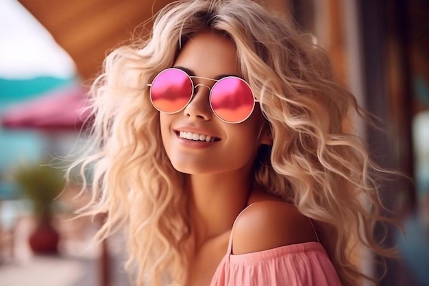 Retrato en primer plano de una magnífica chica caucásica con gafas de sol rosadas redondas una adorable rubia de cabello largo