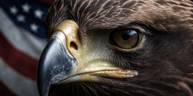 Retrato de primer plano del majestuoso águila bandera estadounidense en el fondo