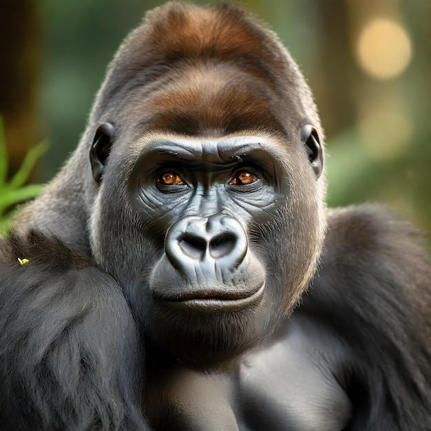 Un retrato en primer plano de un majestuoso gorila de espalda plateada con sus sabios ojos mirando directamente a la cámara