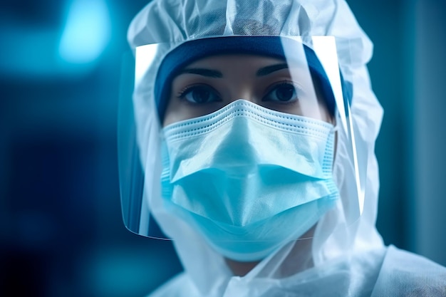 Retrato en primer plano de una médica europea dedicada en uniforme con máscara y gorra médica